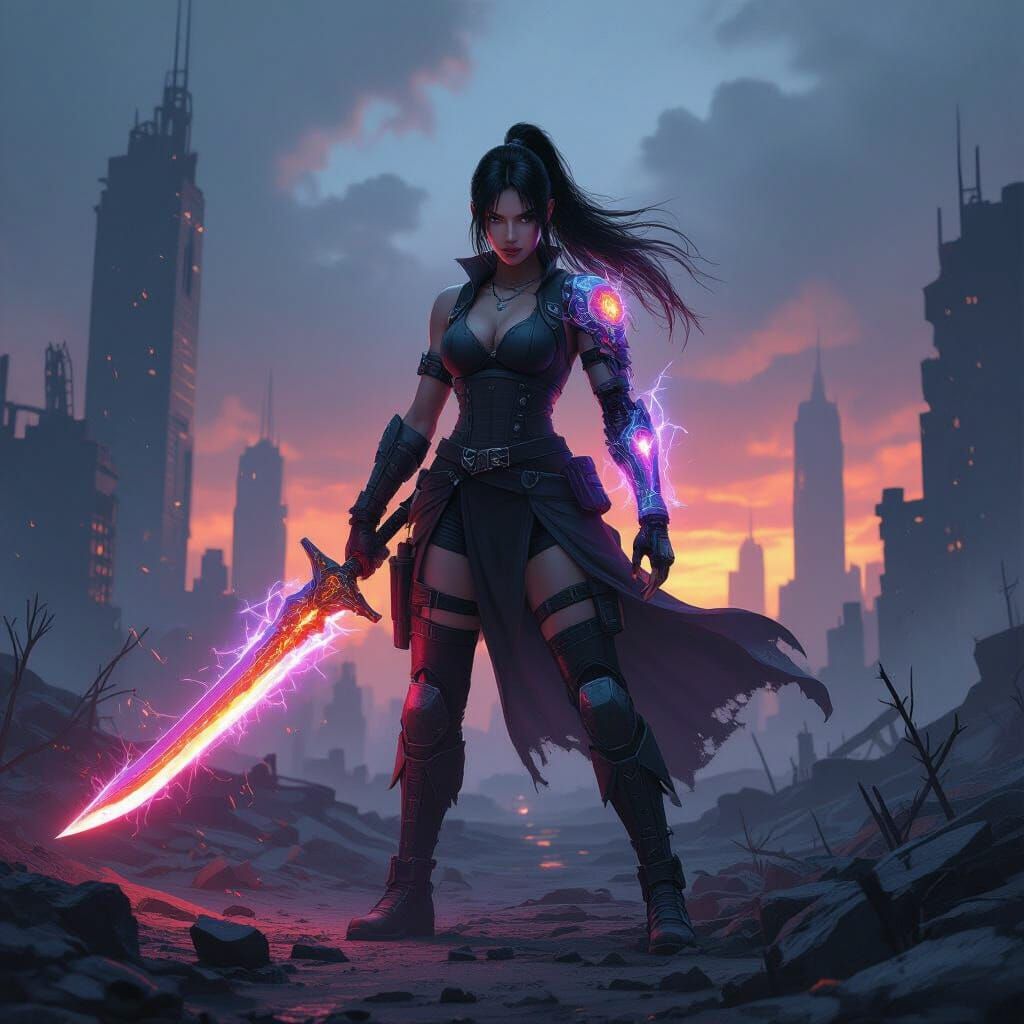 Warrior with Energy Sword in Post-Apocalyptic City