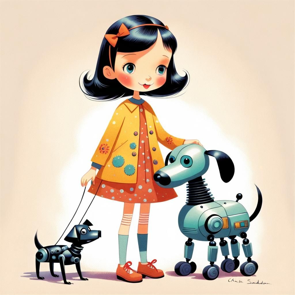 Girl with Robotic Dog in Whimsical Style