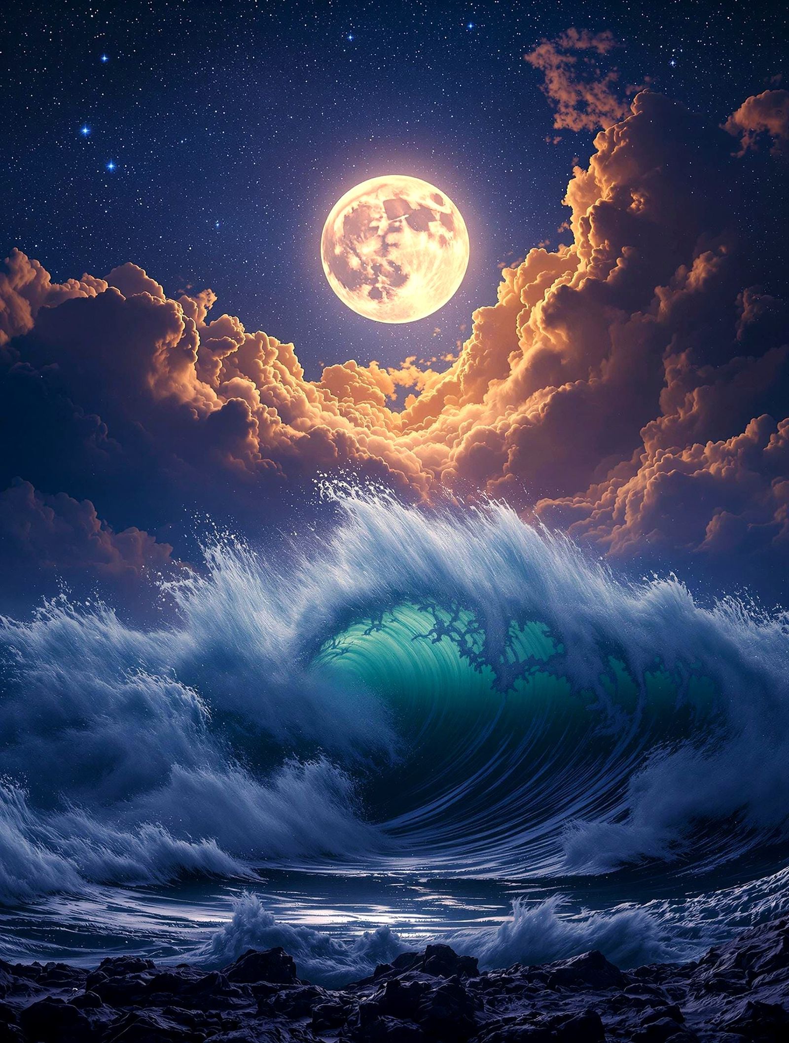 Moon Goddess Summons Tidal Wave Under Starry Sky