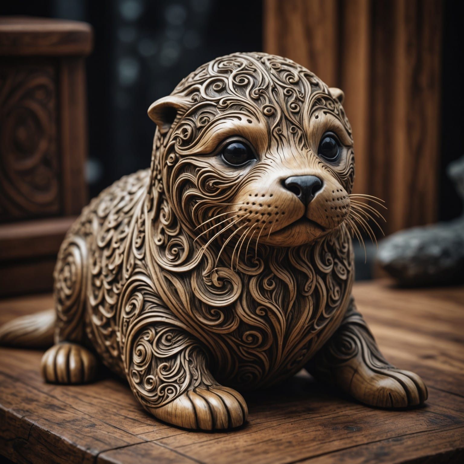 Hyperrealistic Wood Carving of Baby Seal Viking