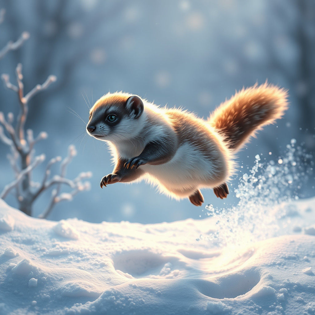 Ethereal Weasel Leaping Through Snowy Landscape