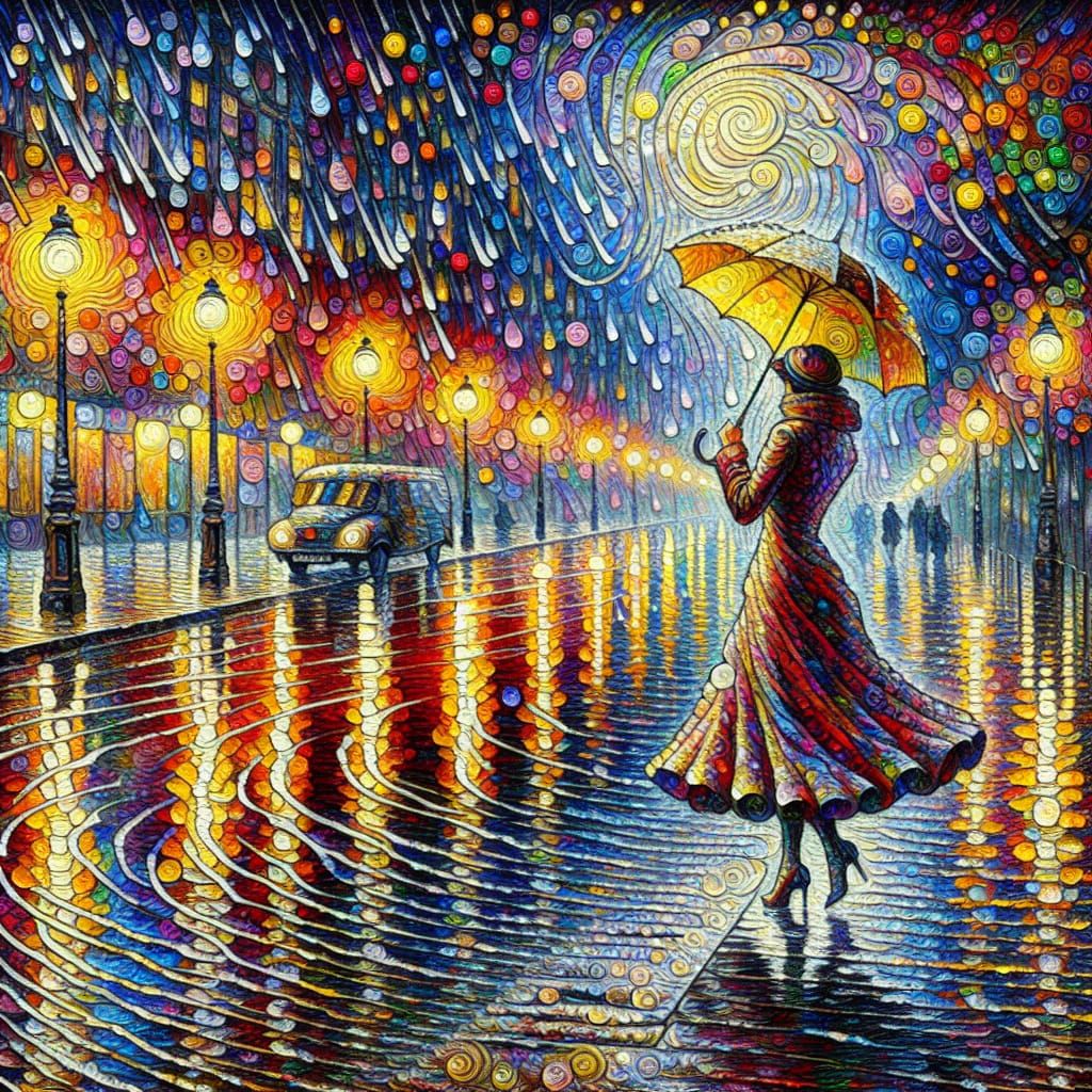 Parisian Street Scene: Woman in Colorful Rainy Expressionism