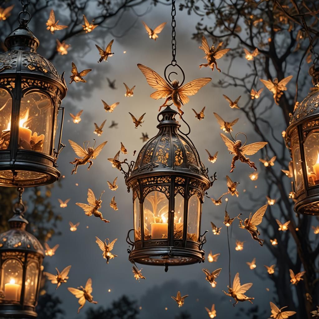 Fairies Dancing Around Glass Lantern in Cinematic Light