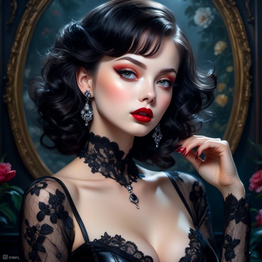 Gothic Noir: French Woman in Lace Lingerie