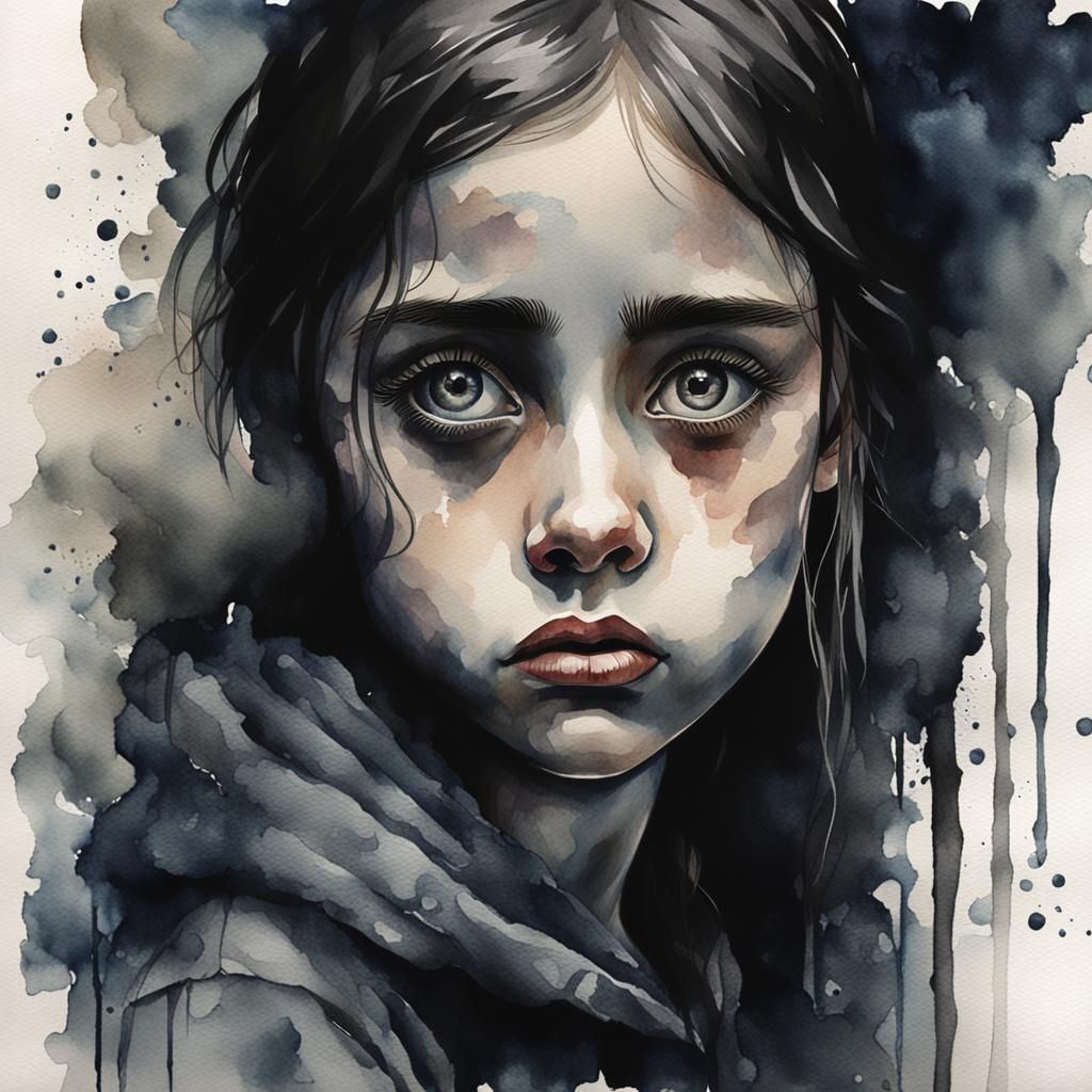 Sad Young Woman in Dark Moody Watercolour