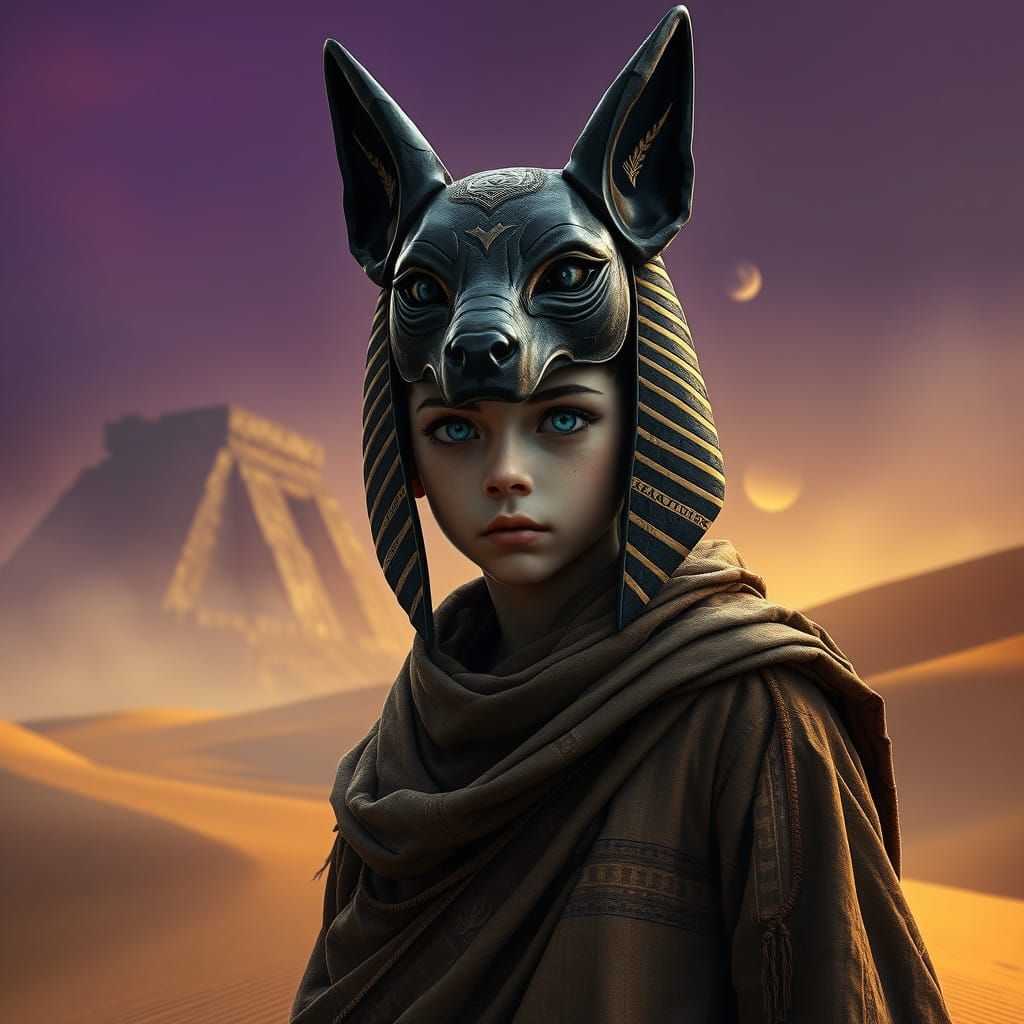 Egyptian Boy in Mystical Jackal Mask Amidst Ancient Temple R...