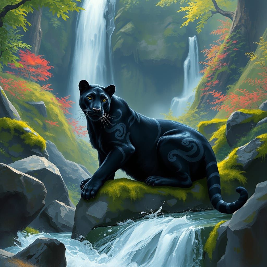 Patterned Panther near Waterfall in Digital Painting Style