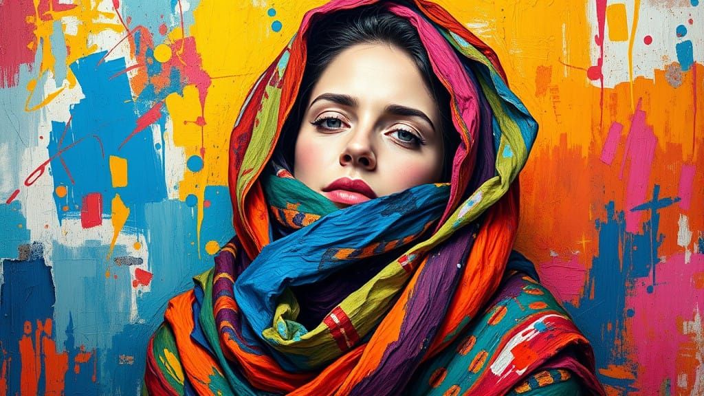 Expressive Woman in a Kaleidoscope of Colorful Scarves