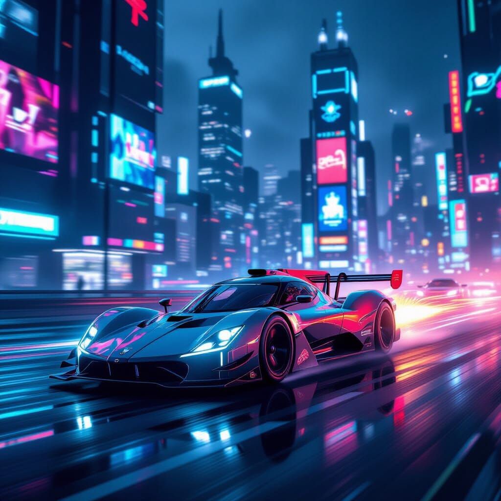 Futuristic Race Car in Neon Cityscape, Cyberpunk Style