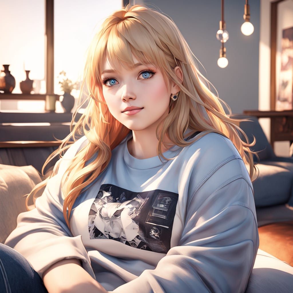 Sensual Anime Woman in Charming Living Room