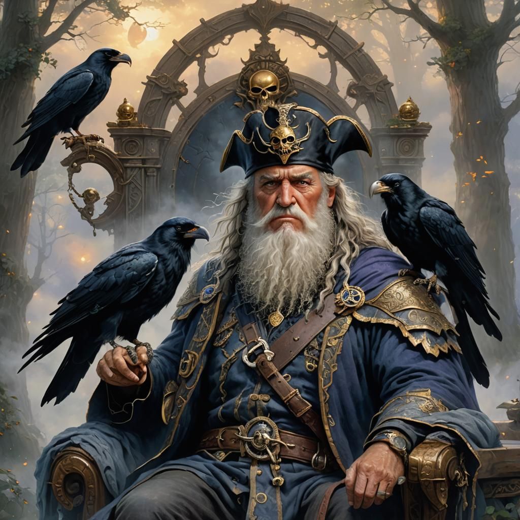 Odin on Throne with Ravens in Fantasy Style