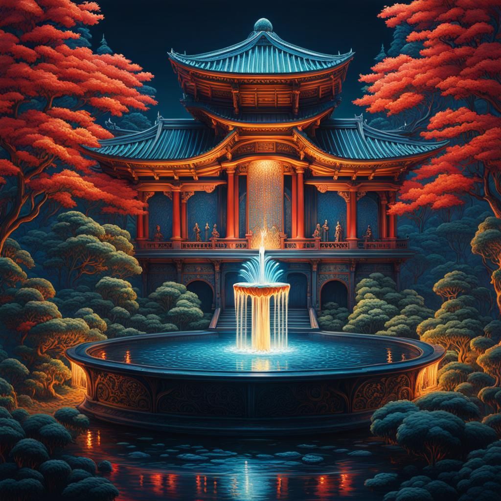 Hyperdetailed Water Fountain in Japanese Art Style