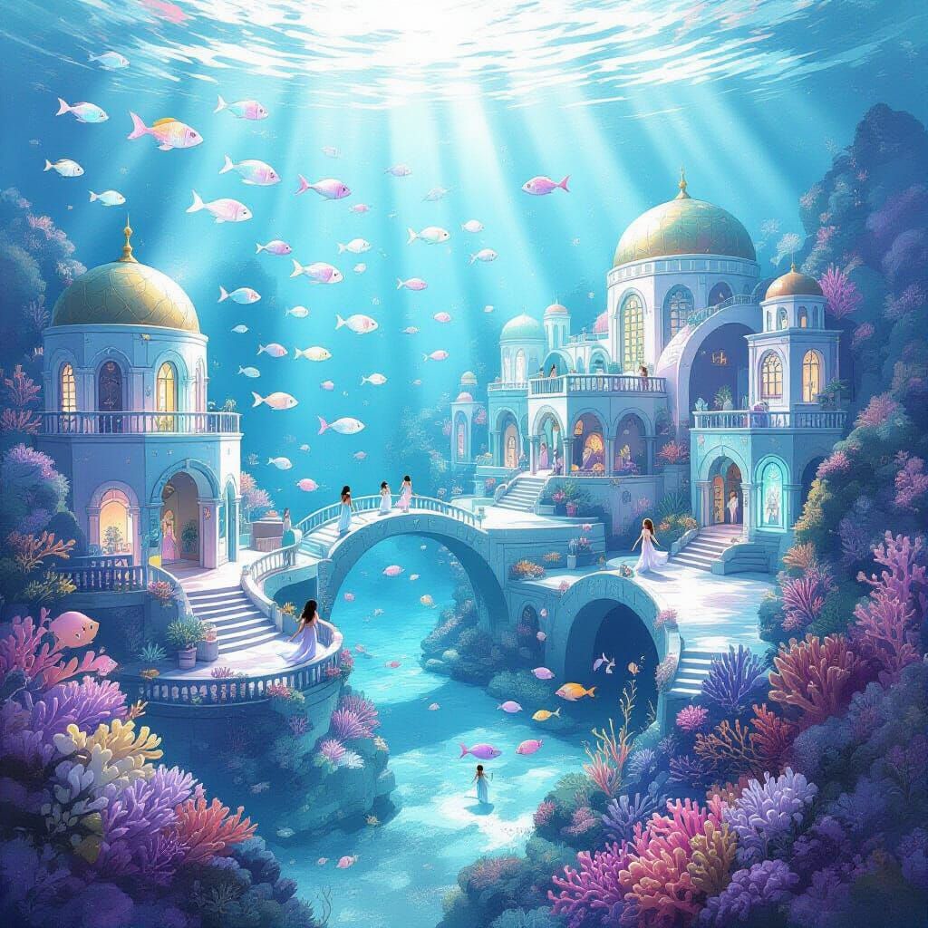 Serene Underwater City in Coral Reef, Watercolor Art