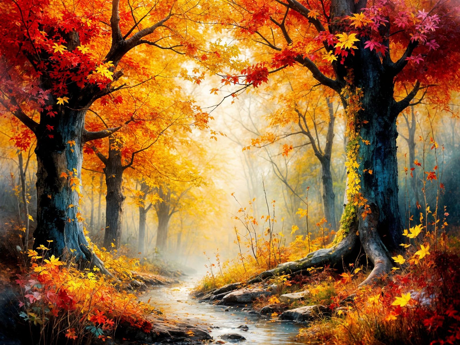 Autumn World of Colorful Leaves in Smokey Grunge Impressioni...