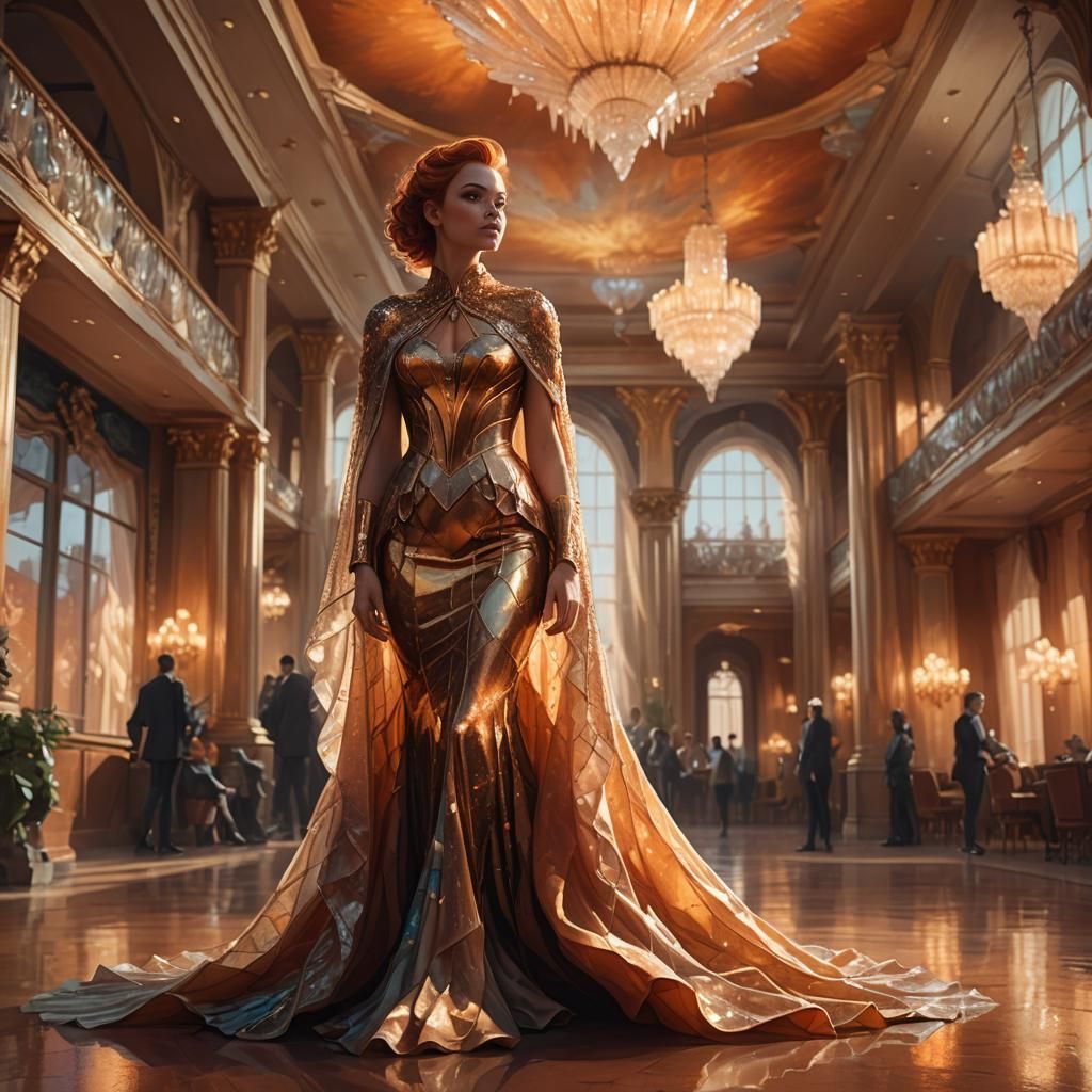 Woman in Crystal Dress in Opulent Ballroom