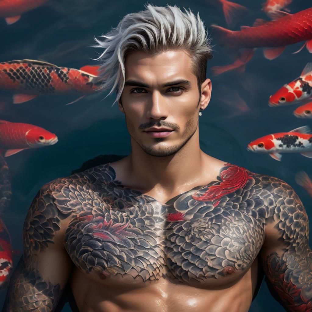 Koi Tattooed Model in Pool Under Red Sky