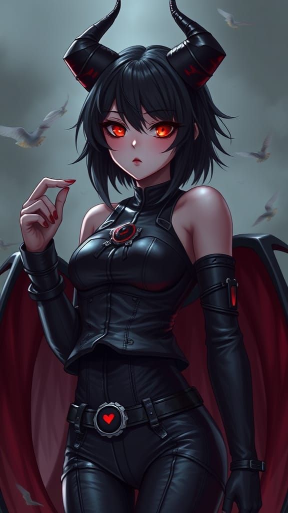 Ethereal Vampire in Leather, Black Hair and Red Eyes