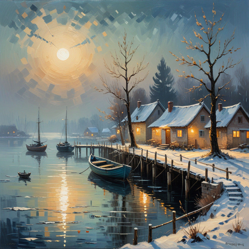 Impressionist Winter Village Scene: Moonlit Pier and Boats
