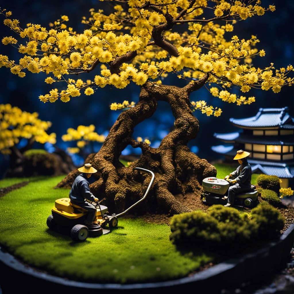 Miniature Gardeners Tend Bonsai Under Cherry Blossoms