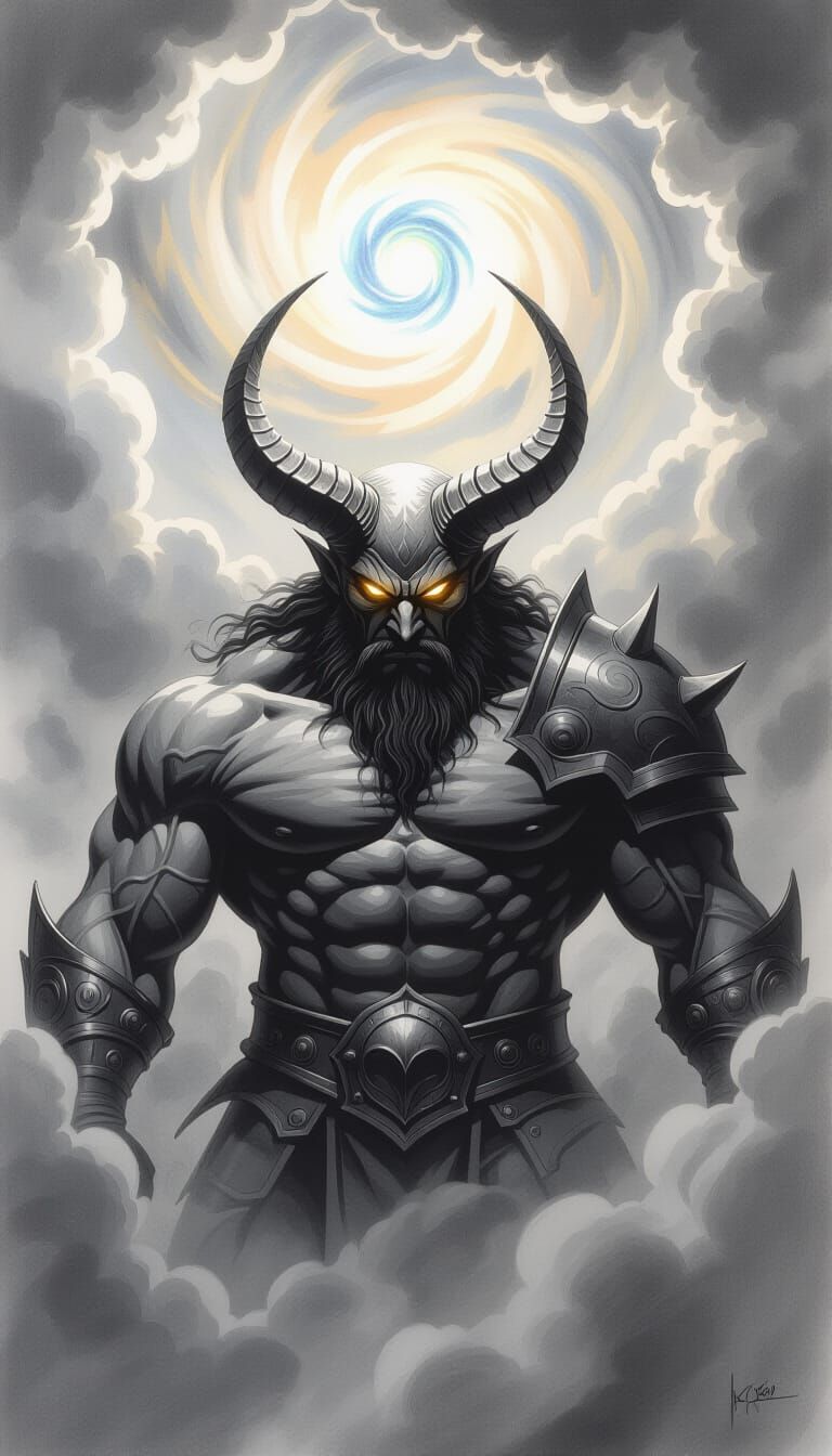 Powerful Horned Figure Emerges from Swirling Clouds