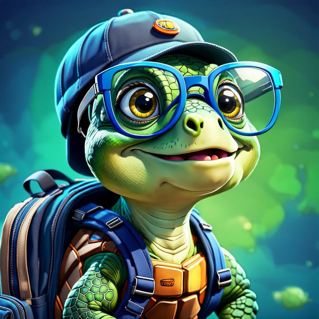 Pixar style. Medium shot. A cute cartoon turtle in glasses , cap with a kind cheerful smile and a school backpack. Close...