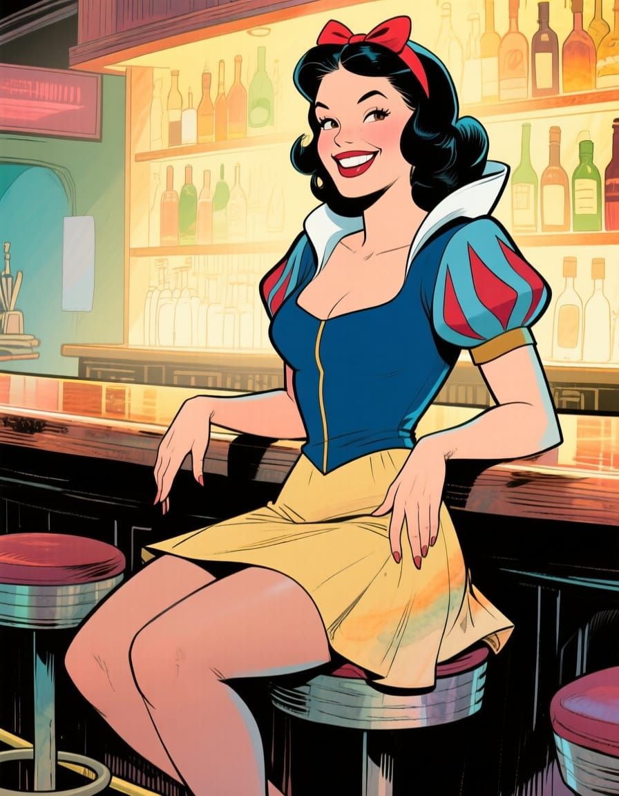 Snow White Pin-Up in Bar, Acrylic and Watercolor