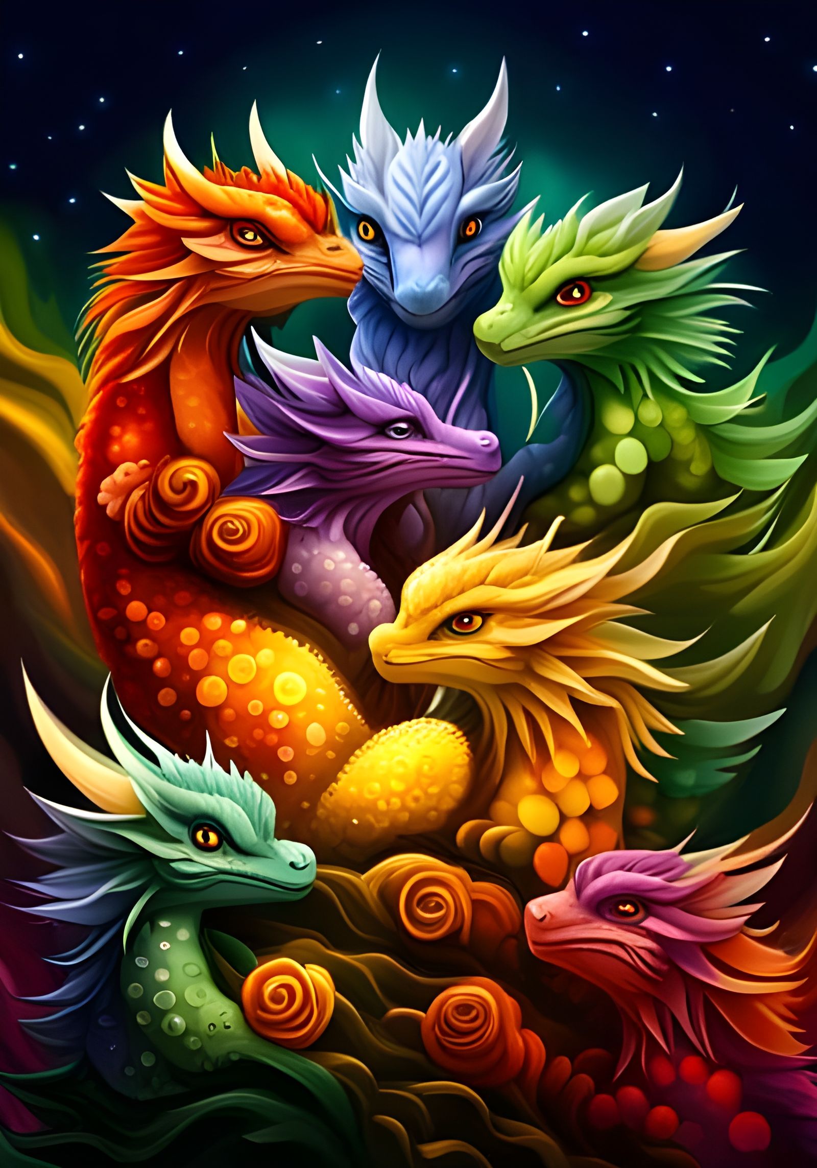 Chibi Dragons Clan in a Surreal Spring Scene