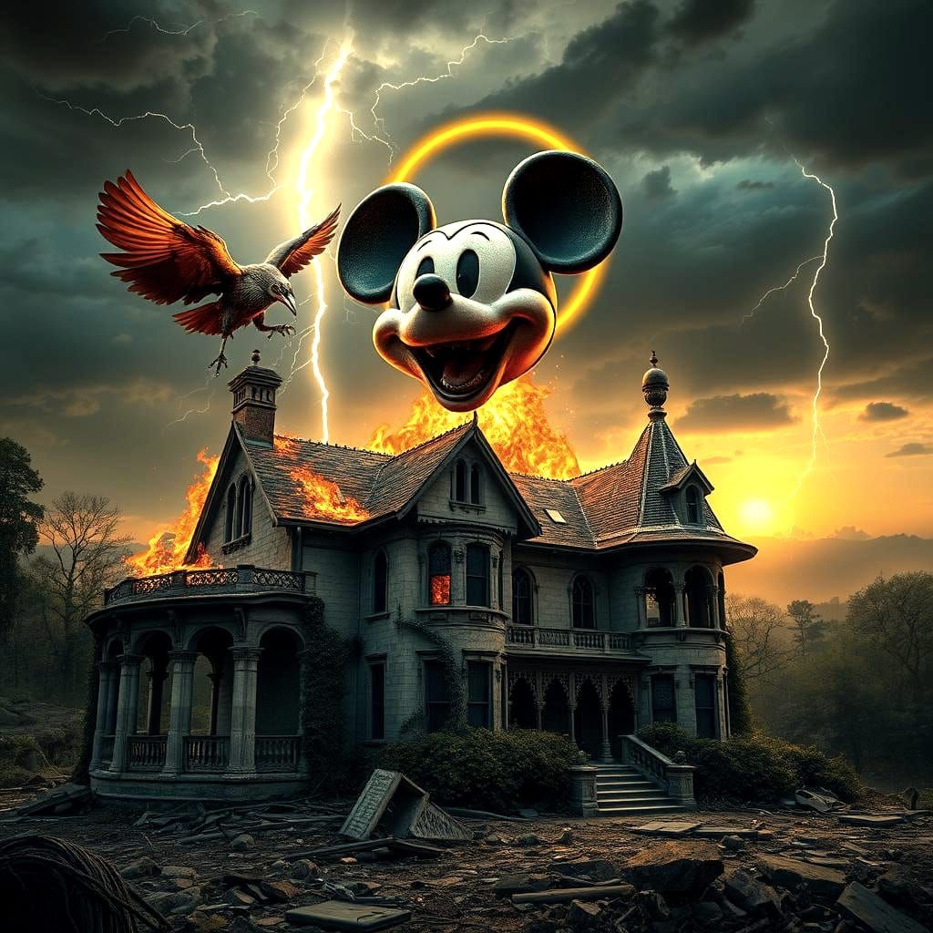 Burning Bird and Agonized Mickey in Ruined Villa