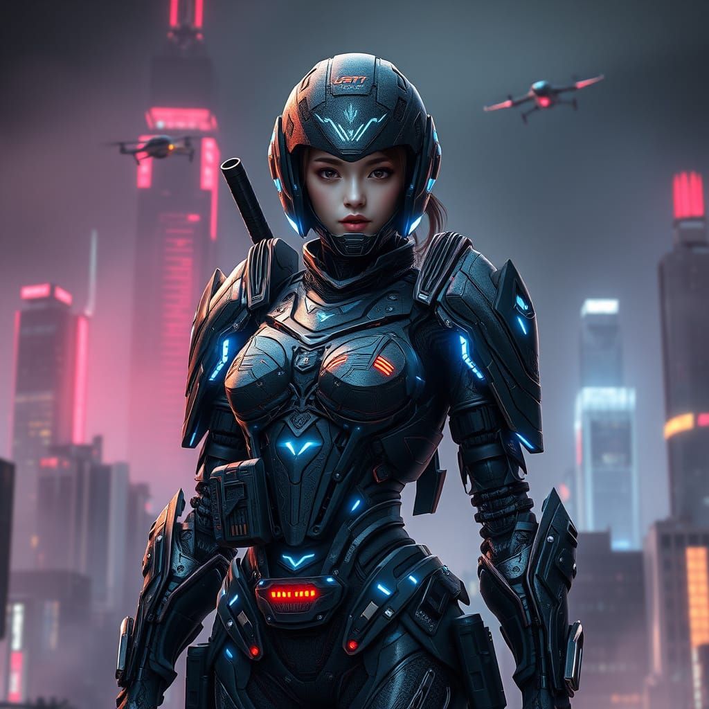 Futuristic Female Warrior in Neon-Lit Cityscape