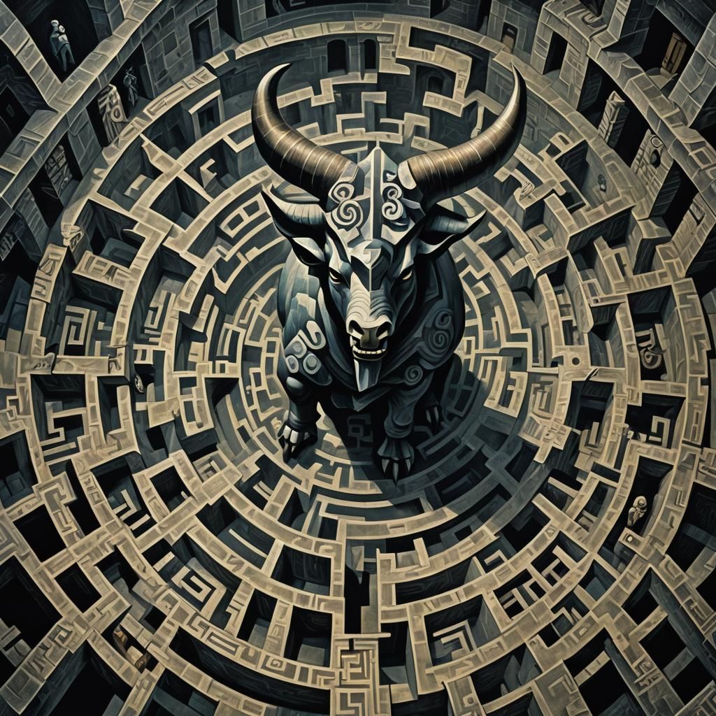 Minotaur in Labyrinth: Surrealist Picasso-esque Painting