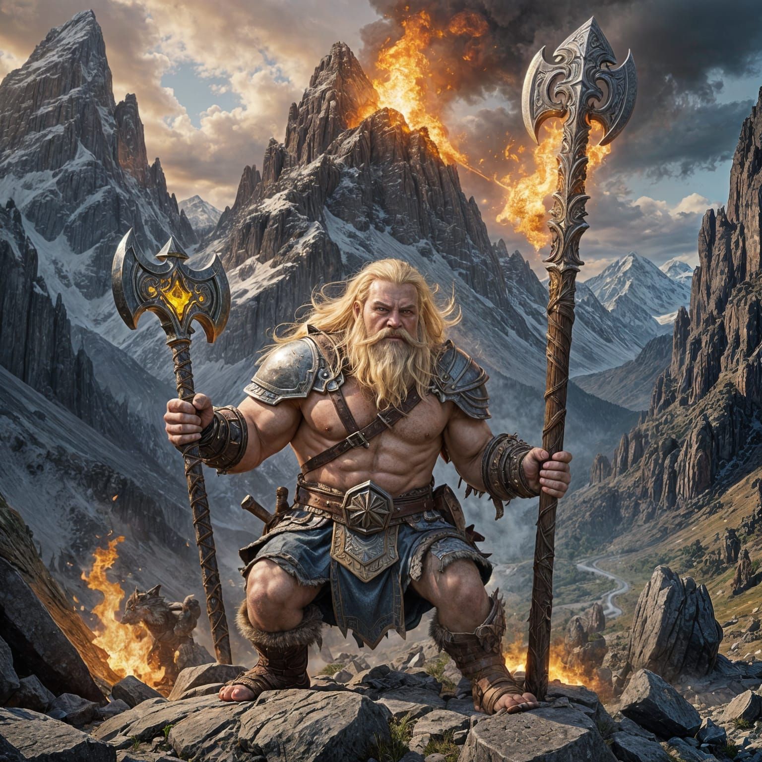 Furious Dwarf Barbarian with Flaming Axe, Hyperdetailed Art