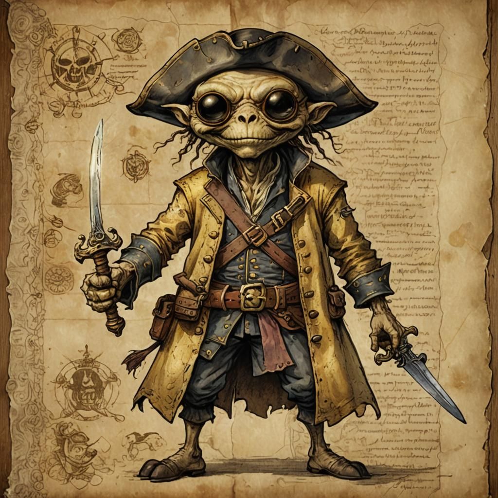 Visualize a unique alien being with not two but four eyes. Dressed head to toe in classic pirate attire complete with a ...