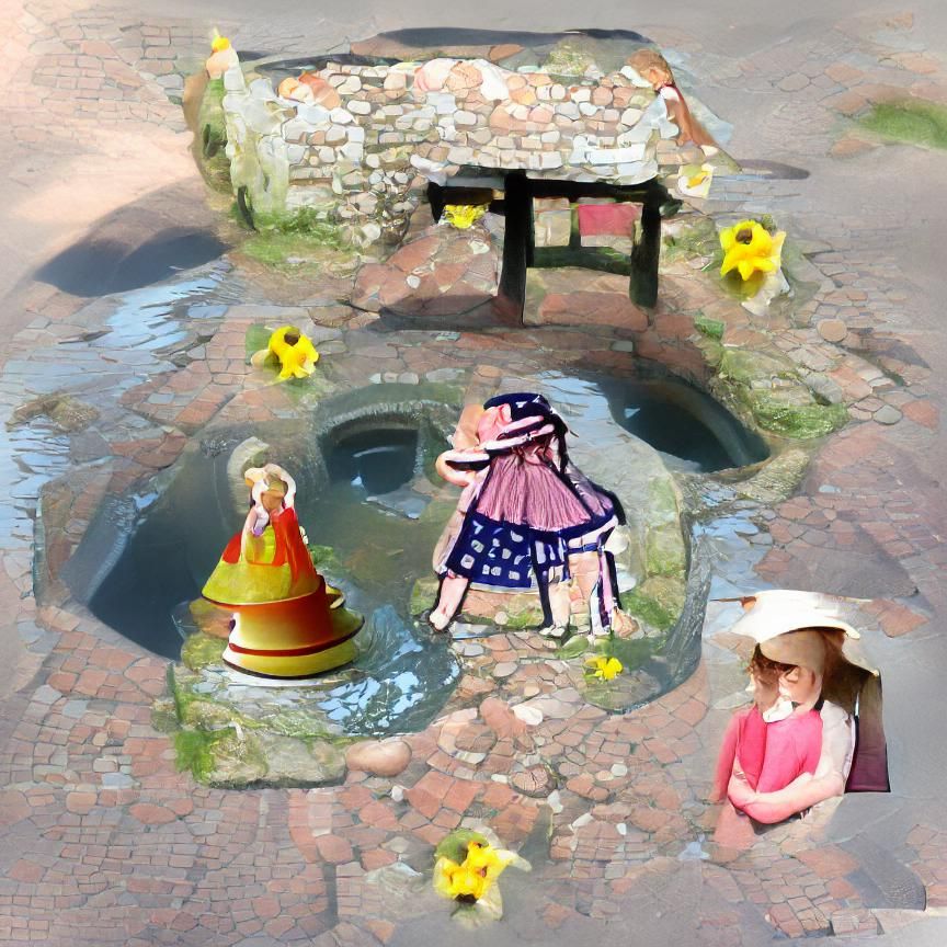 Girl Crying by Wishing Well in Pointillist Style