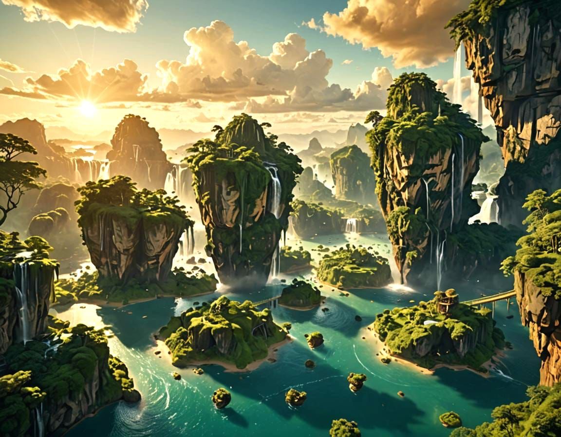 Floating Islands in Golden Sky: Cinematic Film Still