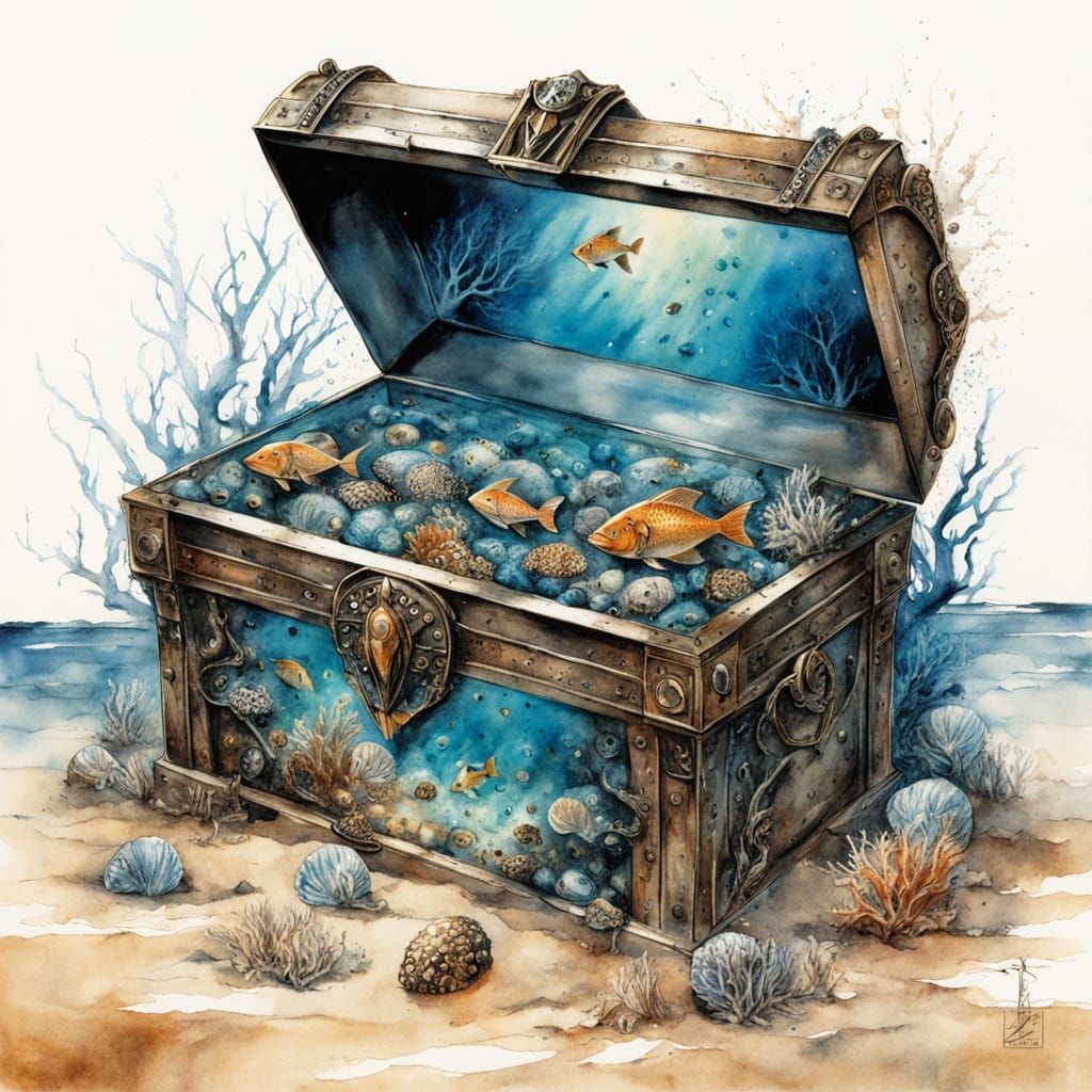 Underwater Treasure Chest with Jewels and Gold Coins