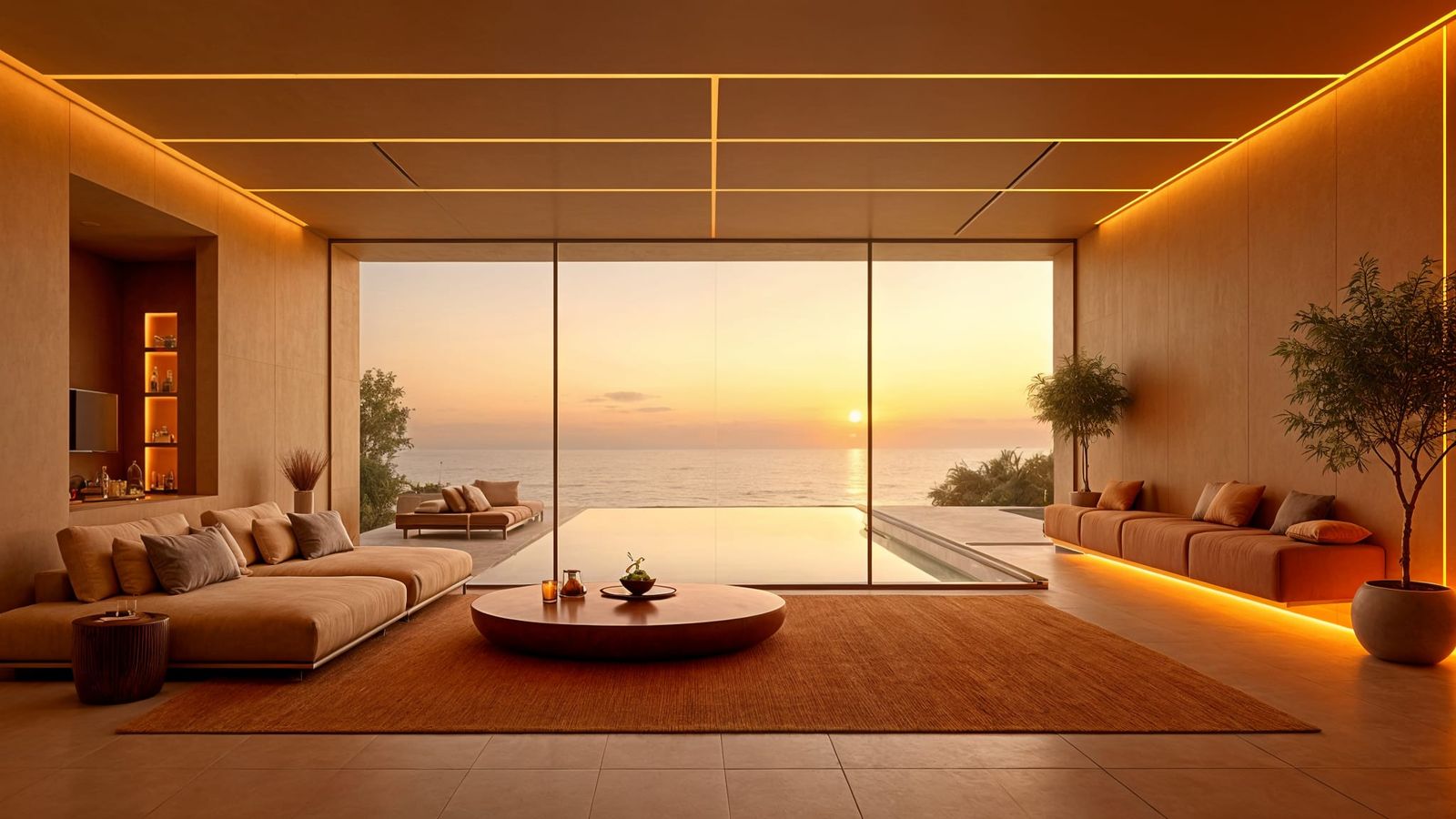 Futuristic Seaside Lounge with Sunset View