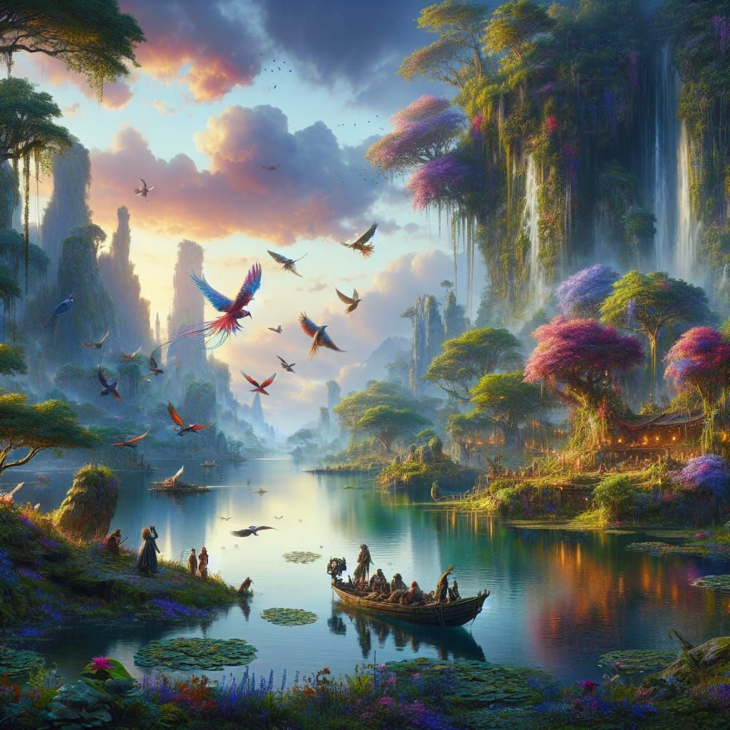 Serene Lake with Birds and People, Matte Painting