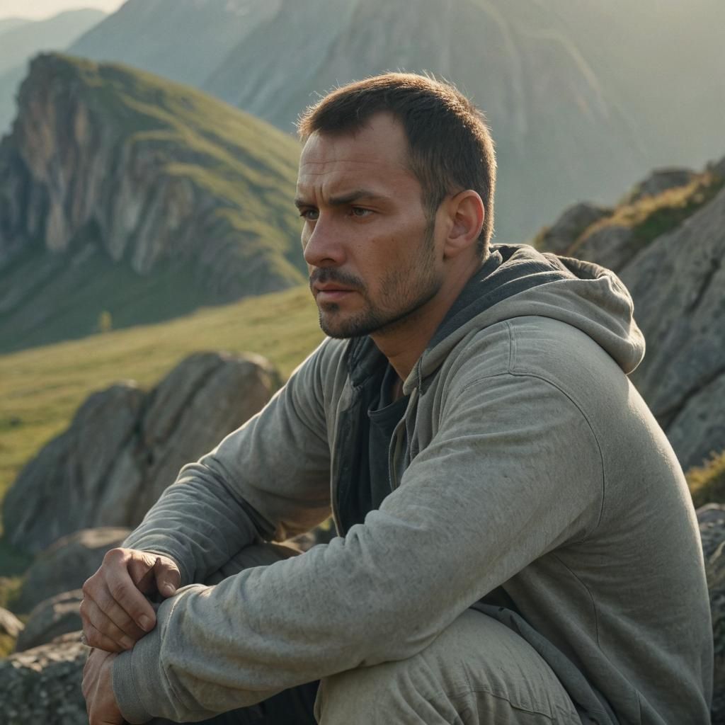 Thoughtful Man in Mountain Landscape: Photorealistic Film St...