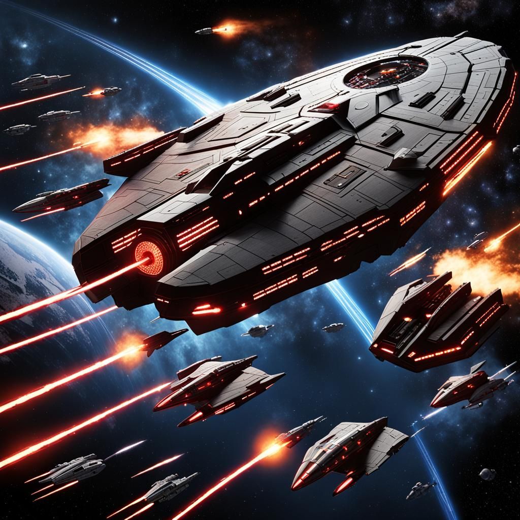 Battlestar Engages Cylon Basestar in Space Battle