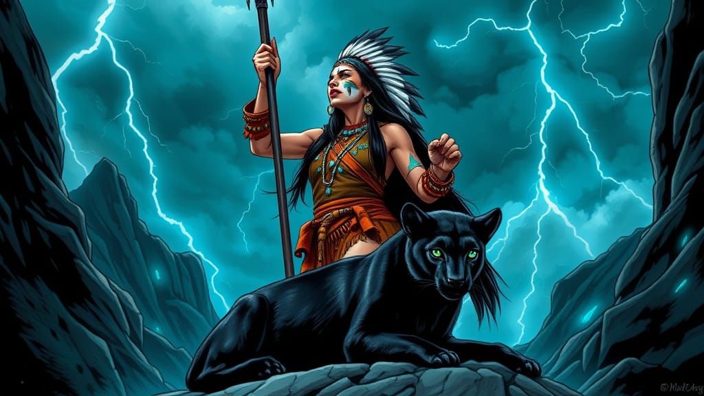 Native American Warrior Woman with Puma in Comic Book Style