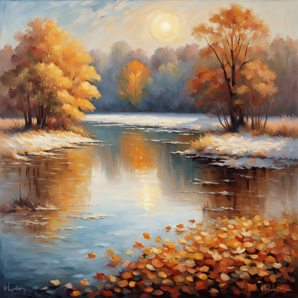 Serene Autumn Landscape Painting in Golden-Silver Palette