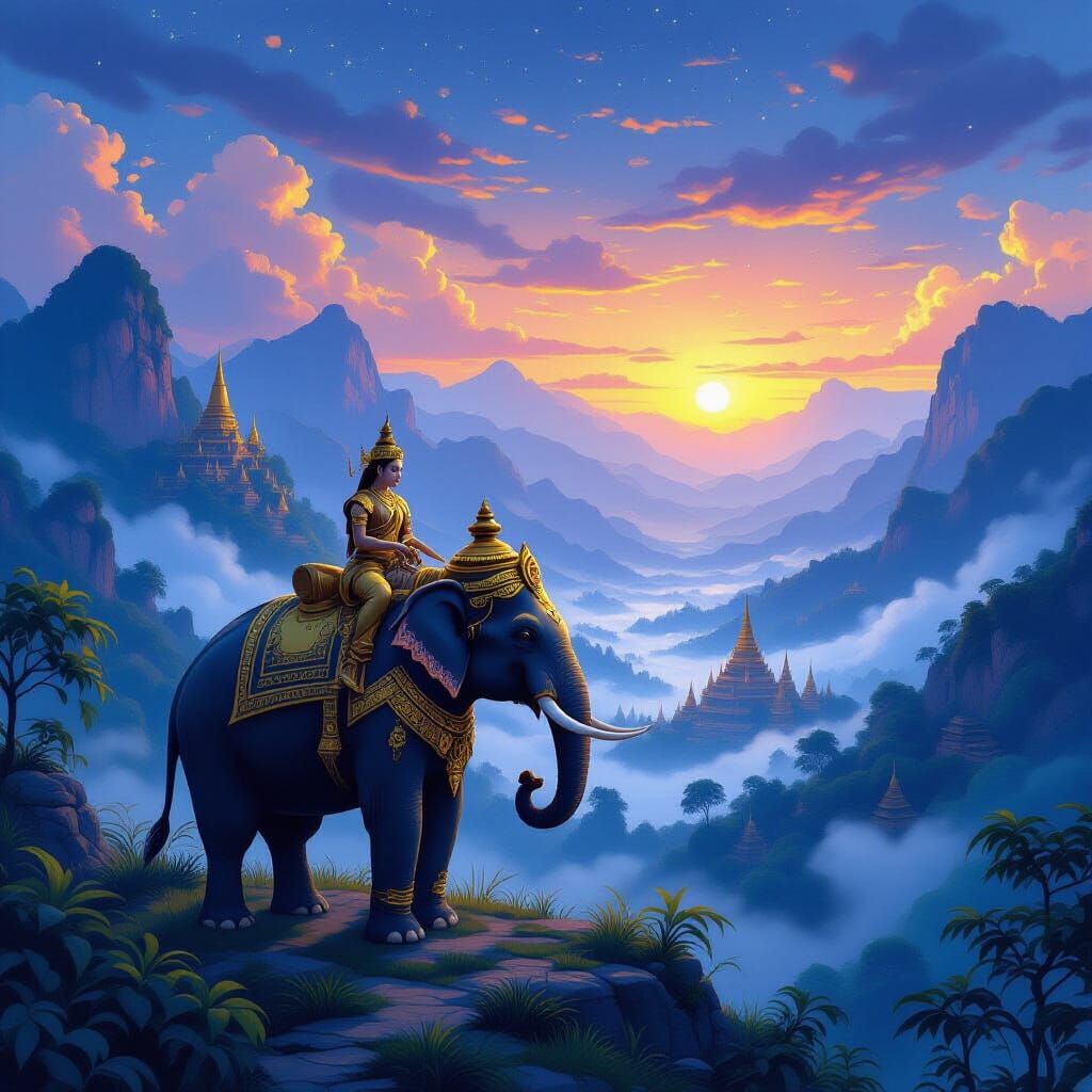 Golden Armored Elephant in Misty Valley, Fantasy Art