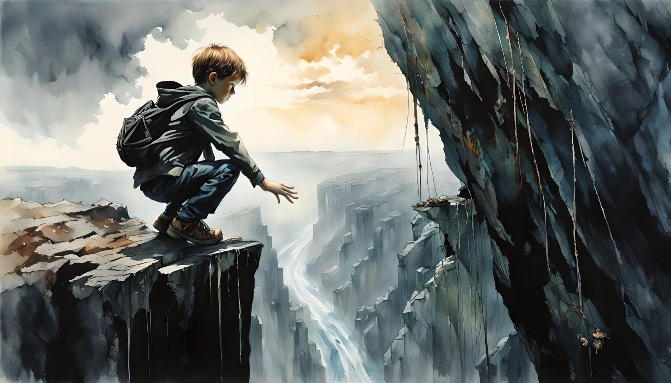 Boy Saved from Cliff in Dark Fantasy Art