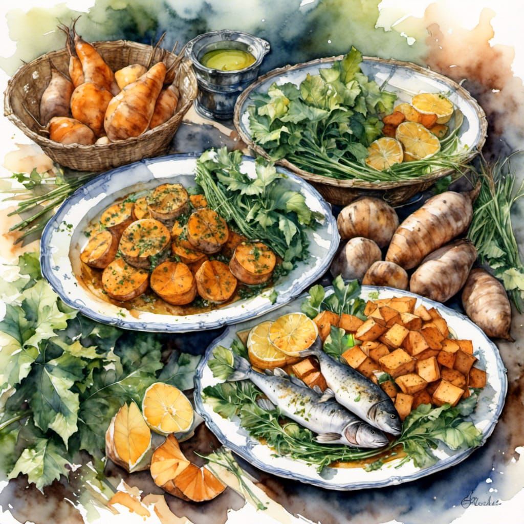 Collards, Sweet Potatoes, and Catfish in Watercolor