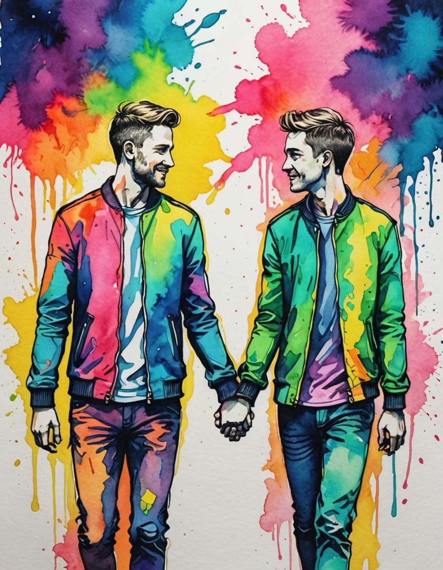 Gay Couple Holding Hands in Watercolor Style