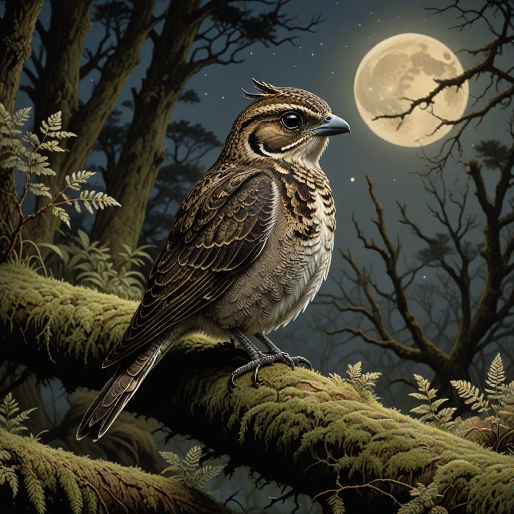 Mystical Savannah Nightjar Perched on Mossy Branch