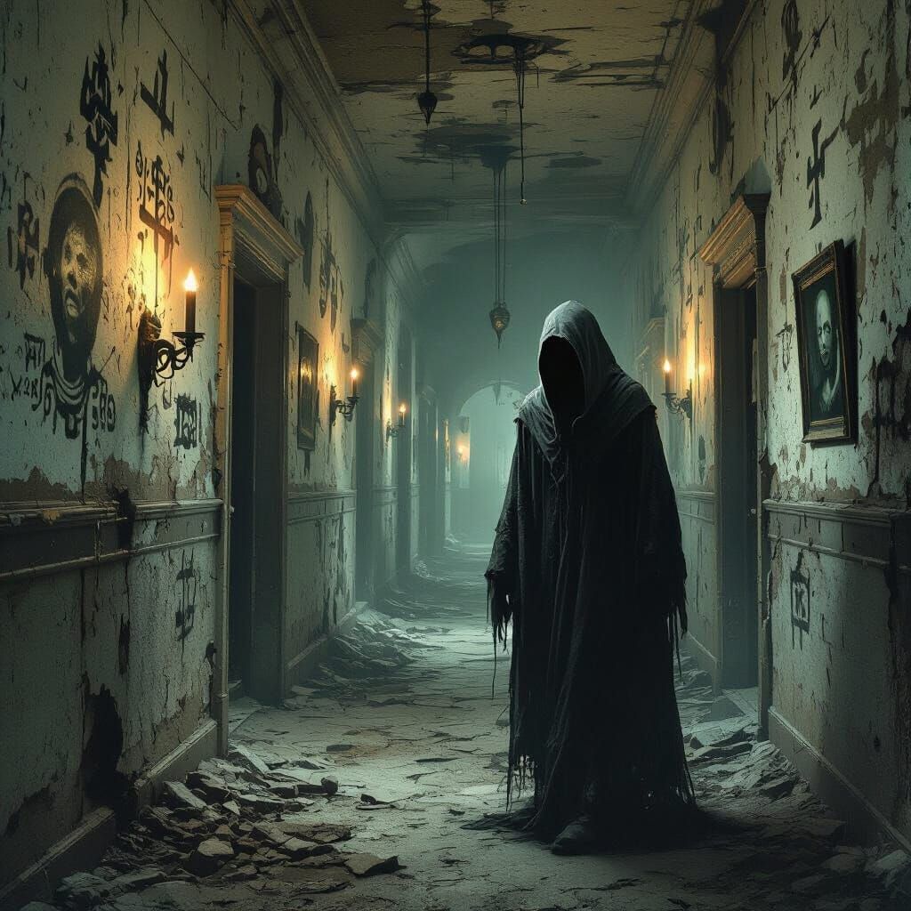 Spectral Figure in Crumbling Asylum: Dark Surrealism
