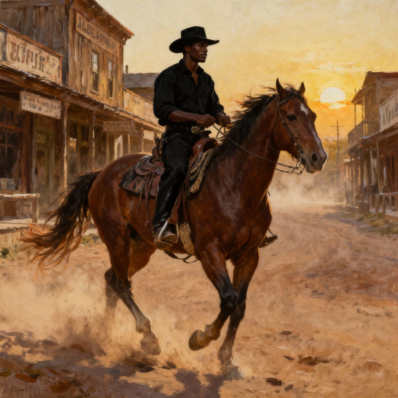 Black Cowboy Rides Dusty Street in Impressionistic Oil Paint...