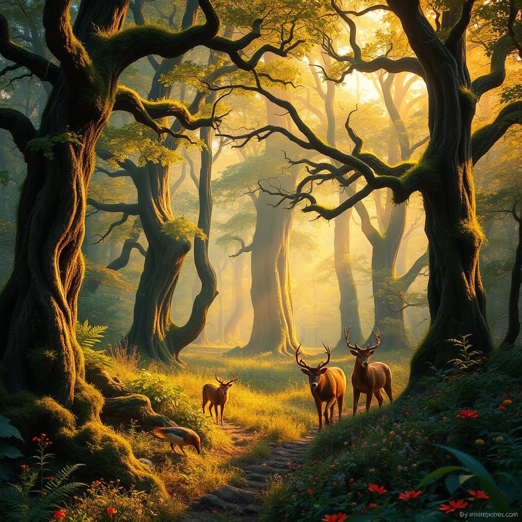 Whimsical Forest Scene with Majestic Wildlife