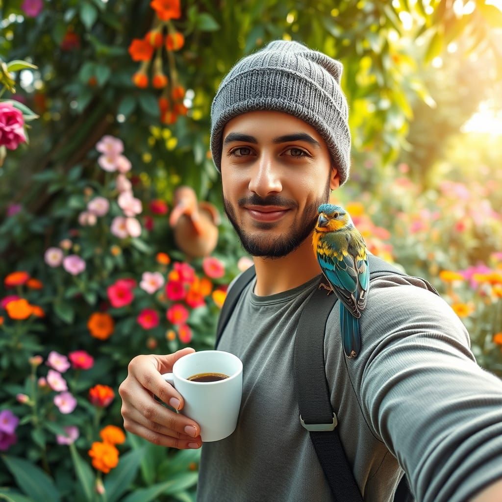 Serene Spanish Gentleman in Lush Garden Oasis